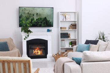 Poster - stylish living room interior with cozy sofa, tv set and fireplace