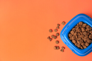 Wall Mural - Dry pet food in feeding bowl on orange background, flat lay. Space for text