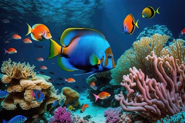 Wall Mural - Magnificent coral reefs and exotic fish may be seen underwater. Generative AI
