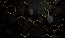 Black Hexagonal Background With Yellow Hexagons With Gold Lines. Generative AI. 