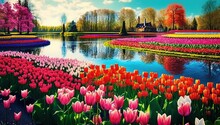 The Tulips In The Keukenhof Flower Farm In Amsterdam, The Netherlands, In The Springtime. Generative AI