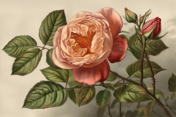 Wall Mural - beautiful pink rose with green leaves. Generative AI