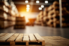 Empty Wooden Pallet On Blurred Warehouse Background. Flawless