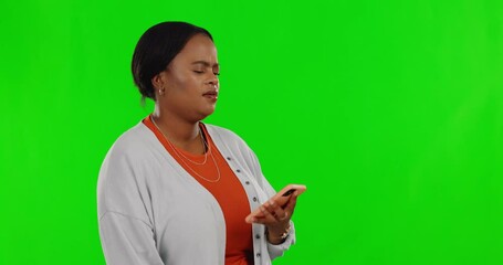 Aufkleber - Typing, phone and frustrated woman on green screen with text message, spam email and scam network. Communication, studio and angry African female with glitch, error and problem on smartphone