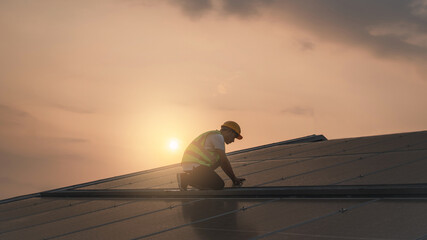 Wall Mural - service engineer checking solar cell on the roof for maintenance if there is a damaged part. enginee