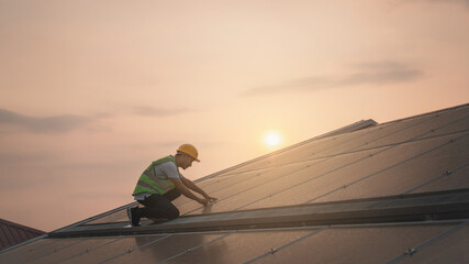 Wall Mural - service engineer checking solar cell on the roof for maintenance if there is a damaged part. enginee