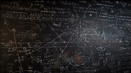 blackboard background and Maths formulas written by white chalk ,Generative AI 