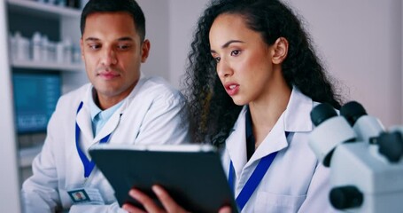 Poster - Science, teamwork and people in laboratory with tablet for medical research, study results and report. Healthcare, biotechnology and man and woman scientist on digital tech for analysis, test or data