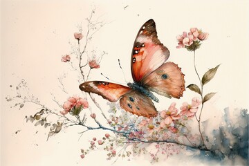 Watercolor painting of butterfly and flower garden in isolated background, Spring floral and beautiful insect on petal and pollen concept. Superb Generative AI.