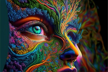 Macro closeup vivid colorful eye in creative makeup texture design. Contemporary fantasy color pattern face and eyeball painting in realistic digital artwork. Superb Generative AI.