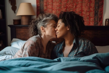 Mature lesbians kissing together in bed. Generative AI