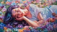 Relaxed Beautiful Woman Sleeping On Flowers Watercolor Paint Illustration, Pastel Vivid Beauty Colors, Oil Brush Strokes Blue Tone,  Generative Ai