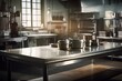 © LAYHONG - Restaurant kitchen with stainless steel pots and pans on the table, Generative AI