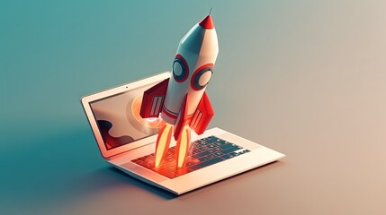 Wall Mural - rocket start up on laptop. generative ai