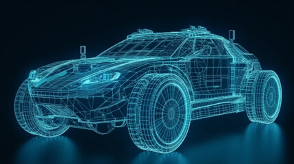 Frontside Futuristic AR car wireframe concept, generative ai, Augmented reality wireframe of car concept with blue background