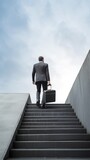 Fototapeta Sawanna - Businessman with a suitcase goes up the stairs