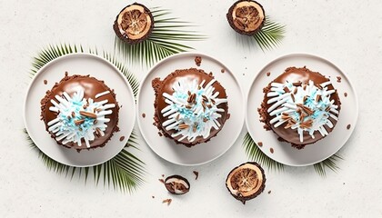 Wall Mural - Delicious chocolate cakes topped with coconut, seen from above; white background. Generative AI