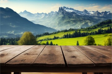 Focus empty wood table with blurred natural tree meadow background. Concept of blank space for advertising product. Finest generative AI.