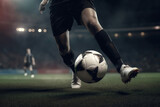 Fototapeta Sport - Football match, sport. Football player in uniform playing with the ball in the stadium, close-up of the legs. Generative AI