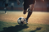 Fototapeta Sport - Football match, sport competition. Close-up of soccer player playing ball in stadium on sunny day. Generative AI