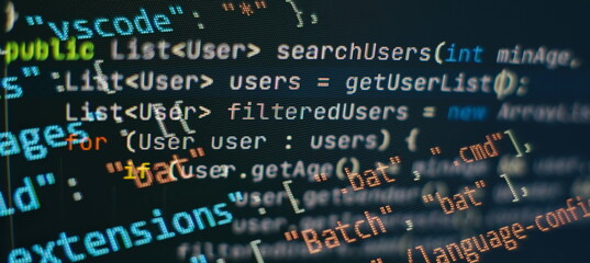 Computer script. Programming code abstract screen of software developer.