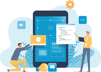 Poster - Business mobile application developer and designer team working process concept.