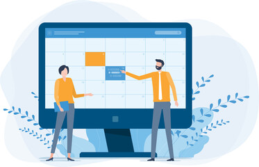 Poster - Business online meeting planning concept and Business people team working with digital online calendar