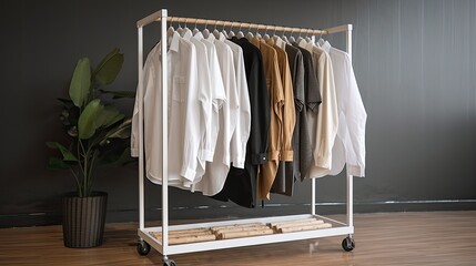 Elegant clothes hanging on the clothes rack. In a simple minimalist style