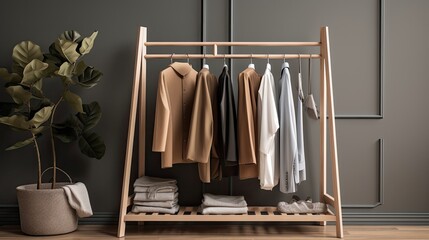 clothes pole, rack , simple and clean design. with clothes hanging on hanger