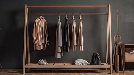 clothes pole, rack , simple and clean design. with clothes hanging on hanger