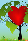 Fototapeta  - composition for Earth Day with a tree on which there are continents and a red heart in the middle