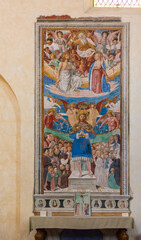 interior of the St.Augustine church: St Sebastian, medieval fresco by Benozzo Gozzoli (AD 1464), San Gimignano, Siena province, Tuscany, Italy - June 2, 2021