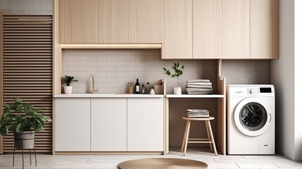 Modern clean laundry room with washing machine and dryer with shelves