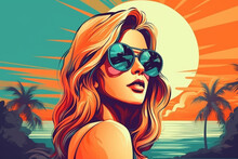 Hand Drawn Pop-art Style Illustration Of A Beautiful Young Woman With Sunglasses On A Tropical Beach. Generative AI