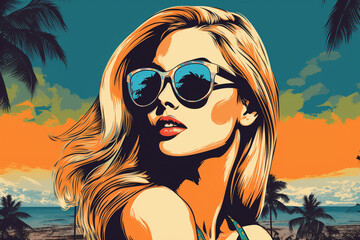 Hand drawn pop-art style illustration of a beautiful young woman with sunglasses on a tropical beach. Generative AI