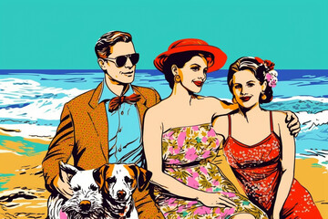 Hand drawn pop-art style illustration of a beautiful young family at the beach. Generative AI