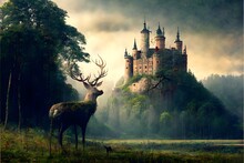 Medieval Castle Deer And Forest In The Foreground 