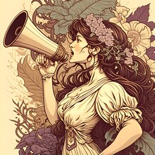 A Woman With A Megaphone Call To Action Alphonse Mucha Style Detailed And Exotic 