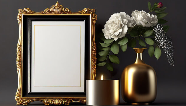 Wall Mural - Golden vintage and luxury frame with candle in warm light for good memories, love and celebration. AI Generated.