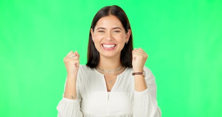 Poster - Point, cheer and face of woman on green screen for news, announcement and winning competition in studio. Excited, celebration and portrait of isolated girl with happy, wow and omg facial expression