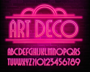 Aufkleber - Art Deco alphabet font. Pink neon letters and numbers. Stock vector typescript for your design.