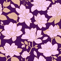 Wall Mural - Seamless vector vintage floral pattern magnolia branches with flowers and leaves