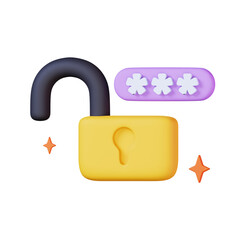 Unlocked padlock with password isolated on white background. Privacy icon concept. 3D render illustration 