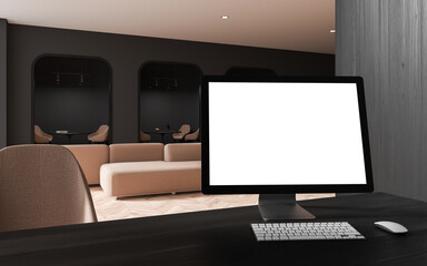 Poster - Blank computer screen in gray and wooden bank