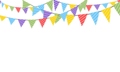 Celebrate hanging triangular garlands. Colorful perspective flags party isolated on white background. Birthday, Christmas, anniversary, and festival fair concept. Vector illustration flat design.