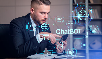 Poster - Businessman working with smartphone using chat bot, chatbot comm