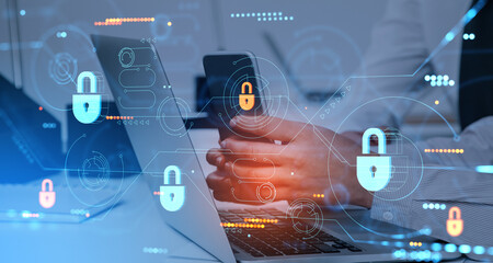 Poster - Woman hands with phone and laptop, cybersecurity interface