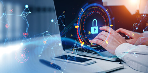 Poster - Businessman working with laptop, glowing padlock hologram and data protection
