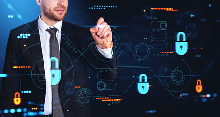 Poster - Businessman with pen drawing, cybersecurity virtual screen hud hologram and privacy