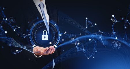 Poster - Man hand holding data protection interface